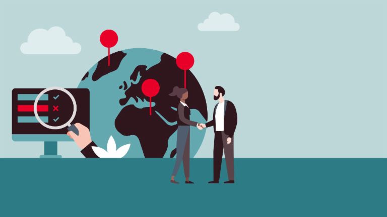 Eine Illustration zeigt einen Mann und eine Frau in Businesskleidung, die einander die Hände schütteln. Im Hintergrund ist eine Weltkugel mit mehreren Ortsmarken zu sehen – und eine stilisierte Gewinn- und Verlustrechnung.