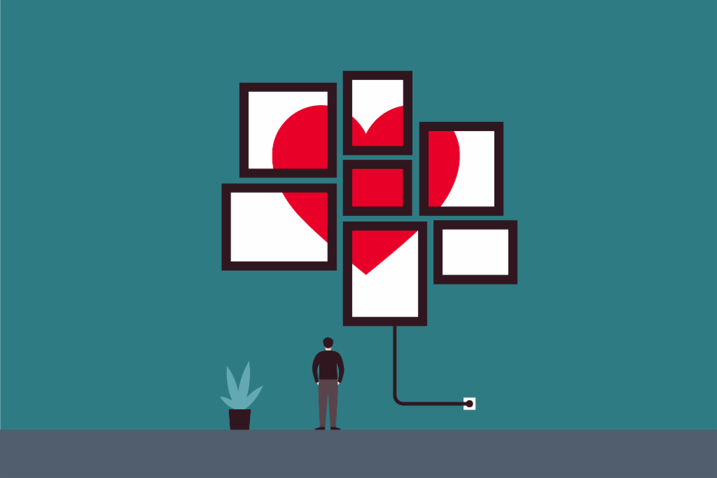 Illustrated painting depicting a heart with a man standing in front of it looking at it