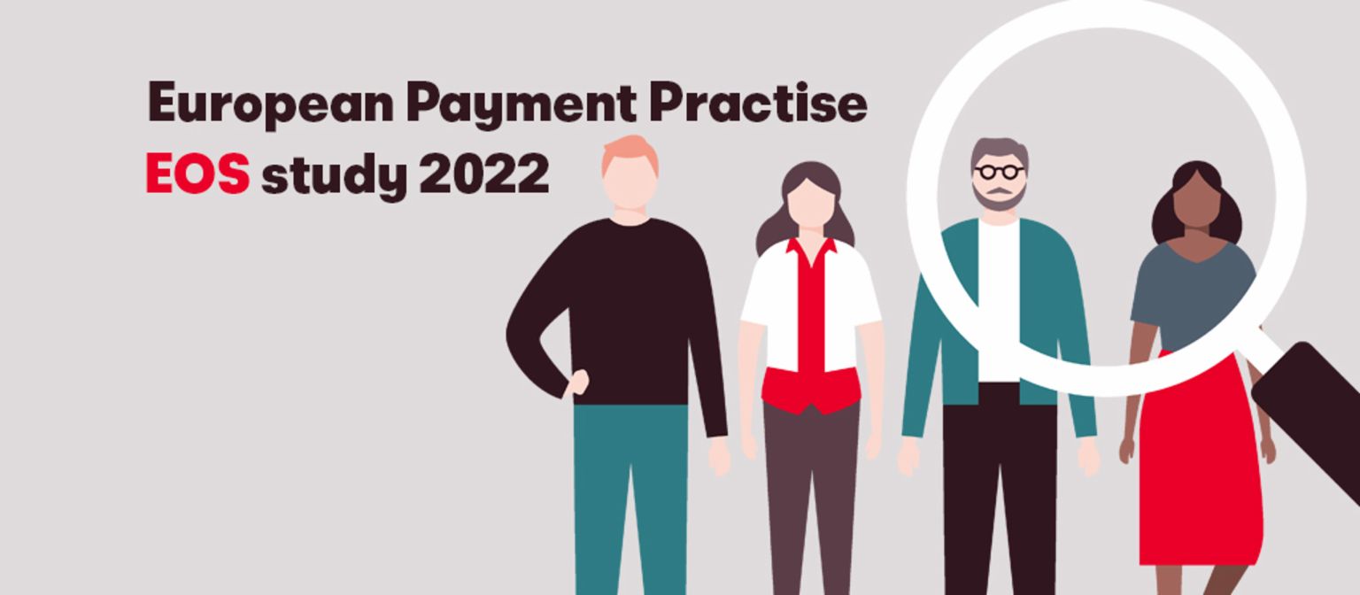 Illustration, die vier verschiedene Personen und eine Lupe zeigt, begleitet vom Text „European Payment Practise EOS study 2022“. Dieses Bild repräsentiert die jährliche EOS-Studie über europäisches Zahlungsverhalten und Trends.