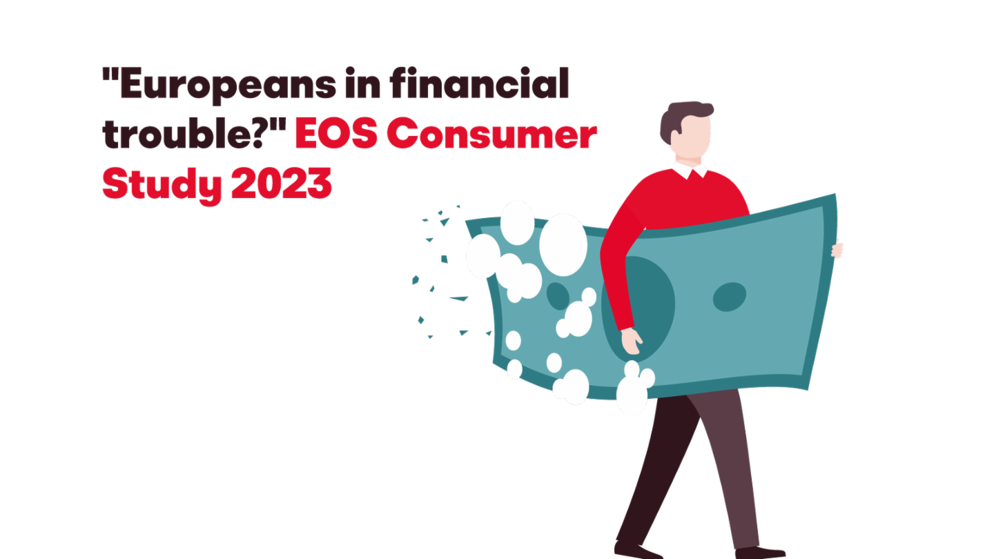  Illustration eines Mannes, der einen großen sich auflösenden Geldschein trägt, mit dem Text 'Europeans in financial trouble? EOS Consumer Study 2023'.