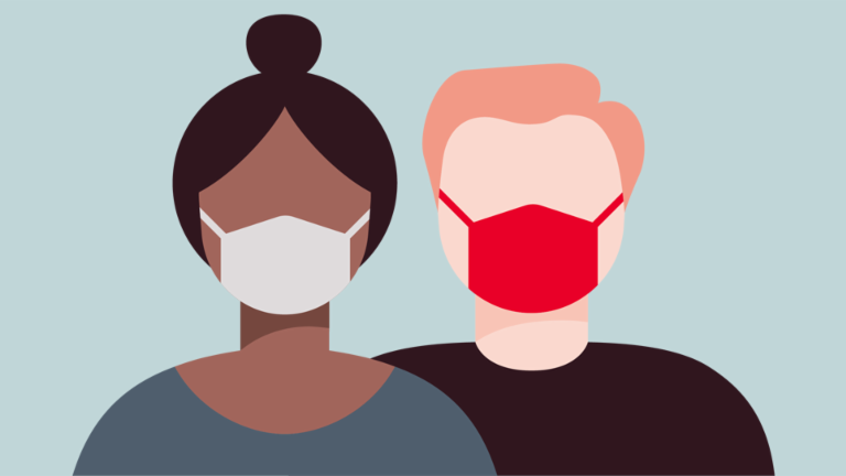 An illustration shows two people standing side-by-side, both wearing face masks. The person on the left has dark skin and dark hair pulled up in a bun, and they are wearing a gray-blue shirt and a white face mask. The person on the right has fair skin and red hair, and they are wearing a black shirt and a red face mask. The background is a solid light blue.